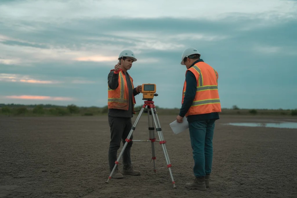 Two geotechnical engineers conducting a site survey using a total station on a construction site, ensuring accurate data collection for foundation design.