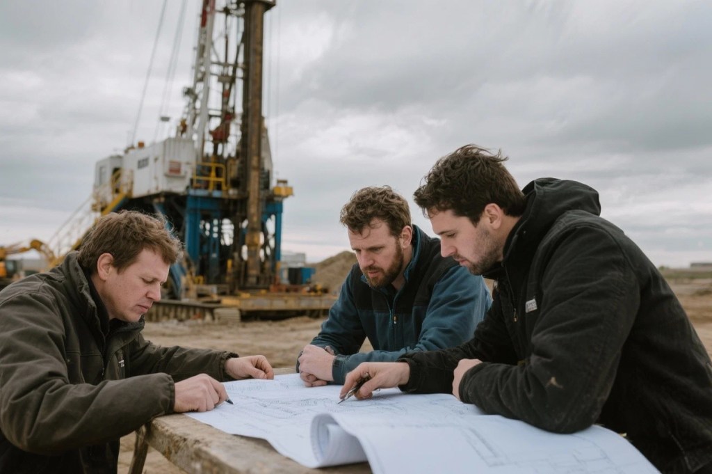 Geotechnical engineers reviewing construction plans at a project site, with a drilling rig in the background, assessing the soil and ground conditions for a stable foundation.