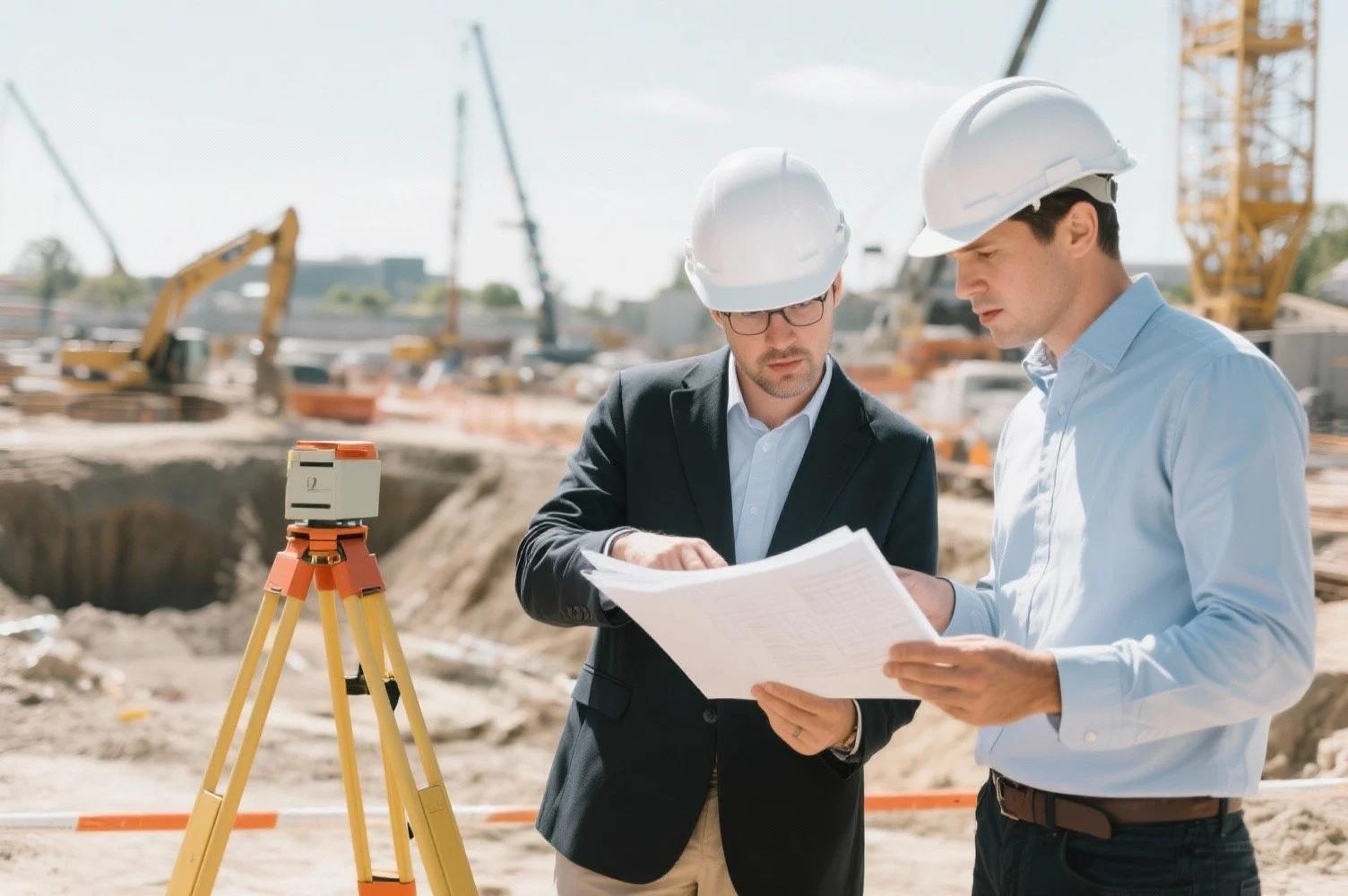 Two engineers wearing hard hats review construction plans on a geotechnical survey site, with construction equipment and excavation visible in the background.