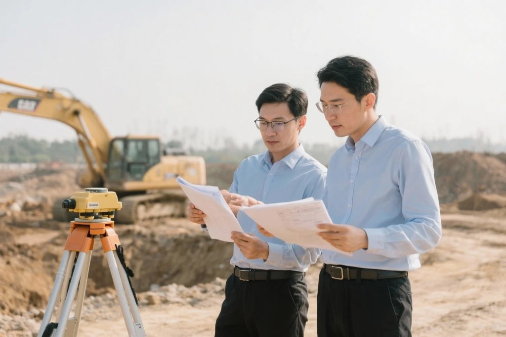 Two engineers reviewing construction plans on a geotechnical survey site with heavy machinery in the background. They are discussing the details while inspecting the site for a construction project.