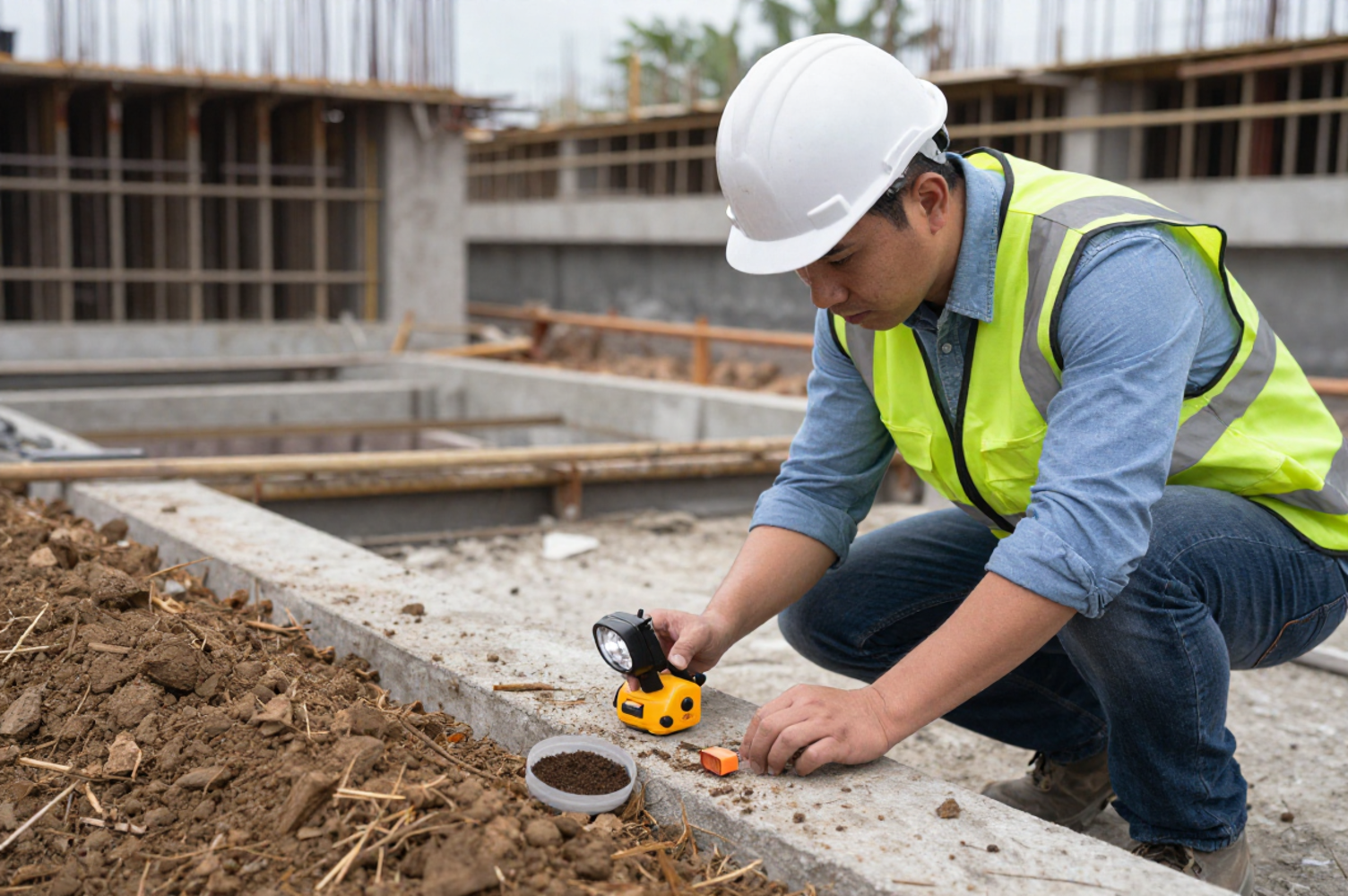 engineer inspecting Crack In Concrete Foundation